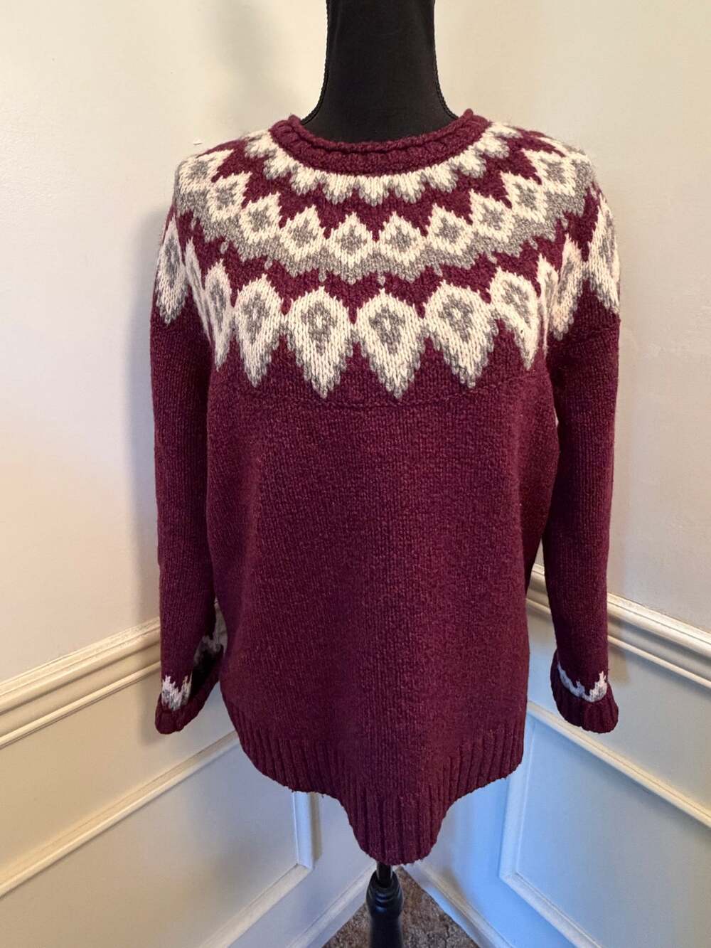 L.L. Bean Classic Ragg Wool Fair Isle Sweater Burgundy Nordic Lambswool Crewneck